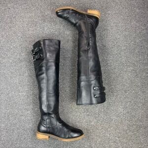Black Knee High Side Zip Strap Harness Buckle Tall Heel Boots Women's Size 7.5